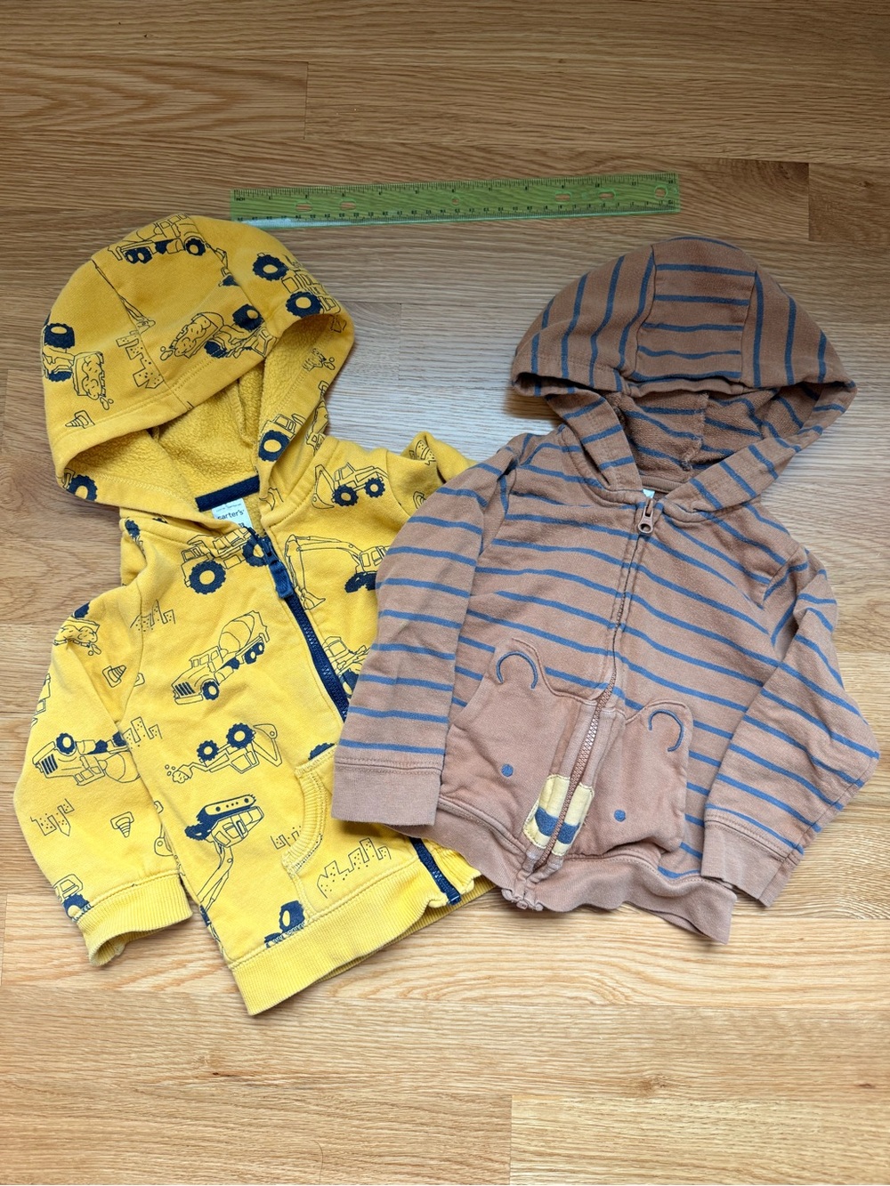 Carter's Yellow Construction Truck and brown bear zip up hoodies (18 months)